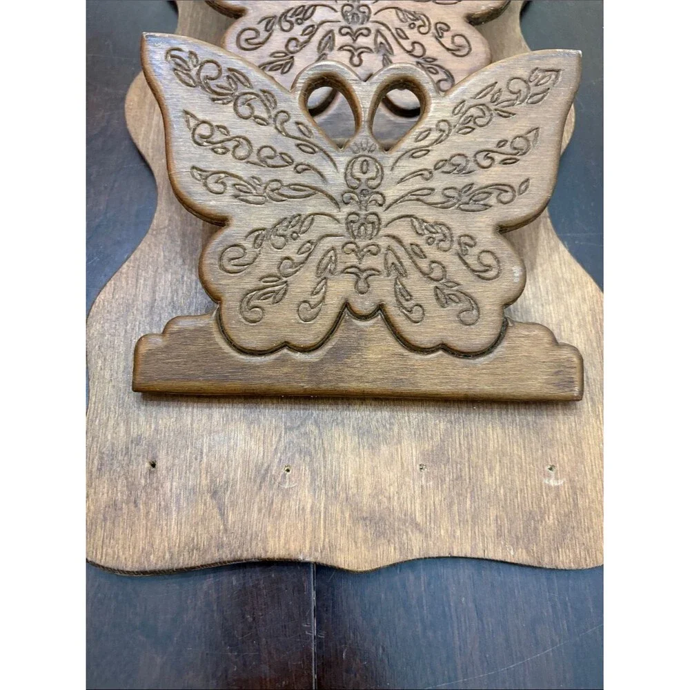Vintage Wooden 3 Butterfly Wall Hanging Carved Mail Bill Key Letter Holder